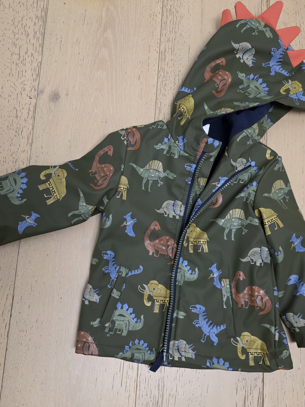 Kids Dinosaur Hooded Rain Jacket - Olive with Multicolor Dinos